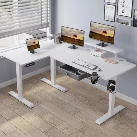 Bureau Assis-Debout Électrique Réglable en Hauteur en Forme de L de 160x70 cm,Et Commande De 4 Claviers Avec Fonction De Mémoire Automatique, Blanc