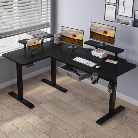Bureau Assis-Debout Électrique Réglable en Hauteur en Forme de L de 160x70 cm,Et Commande De 4 Claviers Avec Fonction De Mémoire Automatique, Noire