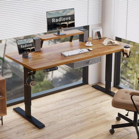 Bureau assis debout électrique 160x76cm – Réglable de 69 à 115cm – Bois de poirier blanc – Tiroir de rangement 40x8cm