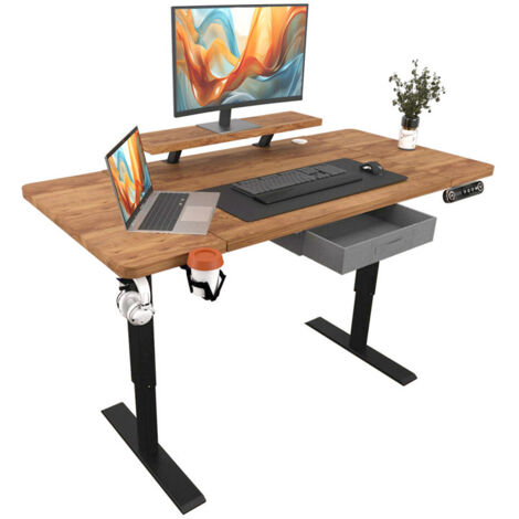 140x76cm Bureau Assis Debout Électrique, Bureau De 55 Pouces Avec Tiroirs Et Commande Manuelle De 4 Claviers Avec Fonction De Mémoire Automatique, Ambre