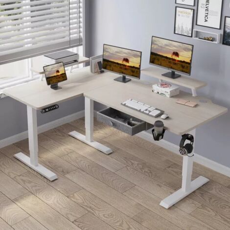 Bureau Assis-Debout Électrique Réglable en Hauteur en Forme de L de 160x70 cm,Et Commande De 4 Claviers Avec Fonction De Mémoire Automatique, Chêne