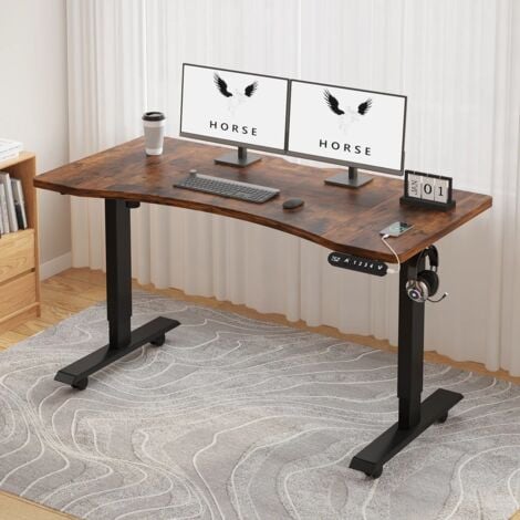140x76cm Bureau Assis Debout Électrique-Bureau Ergonomique Courbé Standing Desk Réglable, 69-115cm Avec 4 Claviers à Mémoire Automatique,Marron/Noir