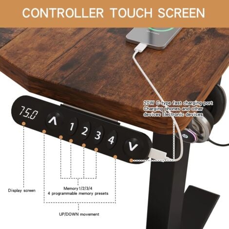 140x76cm Bureau Assis Debout Électrique-Bureau Ergonomique Courbé Standing Desk Réglable, 69-115cm Avec 4 Claviers à Mémoire Automatique,Marron/Noir