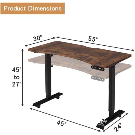 140x76cm Bureau Assis Debout Électrique-Bureau Ergonomique Courbé Standing Desk Réglable, 69-115cm Avec 4 Claviers à Mémoire Automatique,Marron/Noir