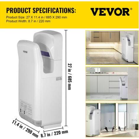 VEVOR Seche-Mains Automatique 2000W Seche Main Air Pulse Electrique Commercial ABS Super Puissant Filtration HEPA 43℃ Moteur a Balais Carbone pour Secher Sechage Mains Toilettes 290x220x685 mm Blanc