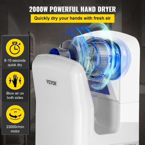 VEVOR Seche-Mains Automatique 2000W Seche Main Air Pulse Electrique Commercial ABS Super Puissant Filtration HEPA 43℃ Moteur a Balais Carbone pour Secher Sechage Mains Toilettes 290x220x685 mm Blanc