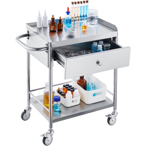 Mophorn – Chariot médical en acier inoxydable 2 niveaux – Capacité 220 lb – Roues silencieuses 360° – Tiroir pour laboratoire et clinique