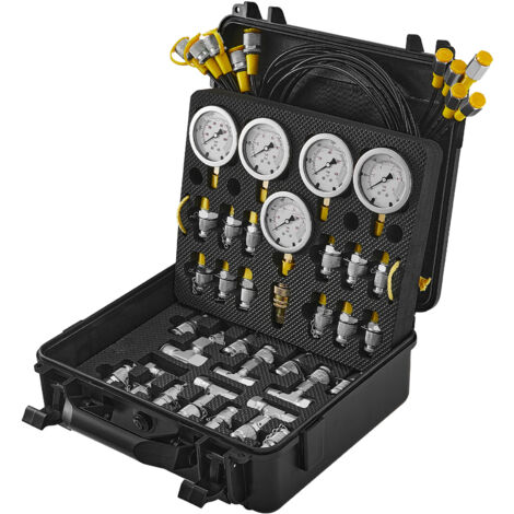 Mophorn – Kit de test de pression hydraulique 0-600 bar – 5 manomètres – 13 raccords – 14 connecteurs en T – 5 tuyaux de 1,6 m – Mallette de transport