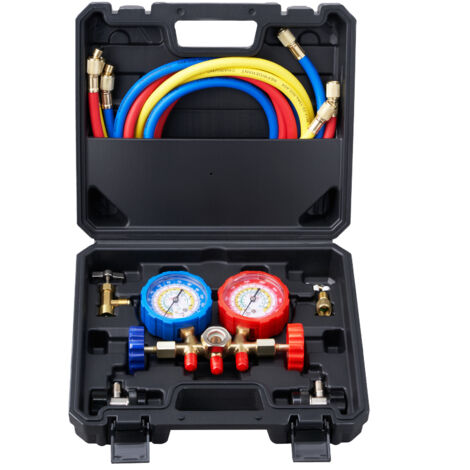 Mophorn – Ensemble de jauges de climatisation à 3 voies – Compatible R134A, R22, R12, R502 – Tuyaux de 5 pieds – Précision ±1,6 %