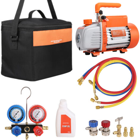 Mophorn – Pompe à vide 1/4 HP 4,5 CFM – Dépression ultime 5 Pa – Débit 128 LPM – Kit manomètre avec tuyau tricolore – Sac de transport inclus