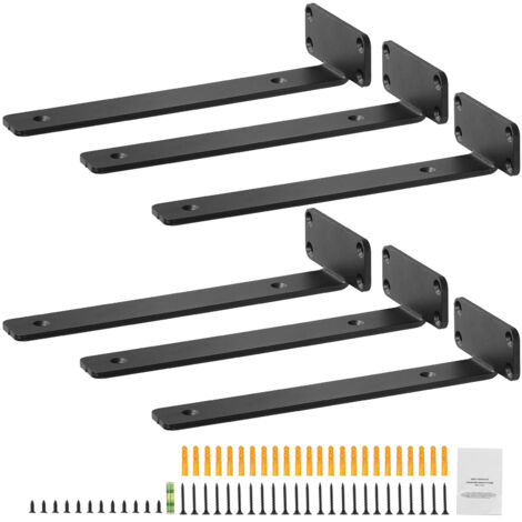 Mophorn Support d'étagère, 10"de long x 4" de large x 1,6" de haut. 6 pièces Supports d'étagère flottants de forte capacité. 5 mm d'épaisseur L-support d'étagère mat noir. Supports d'étagères en acie