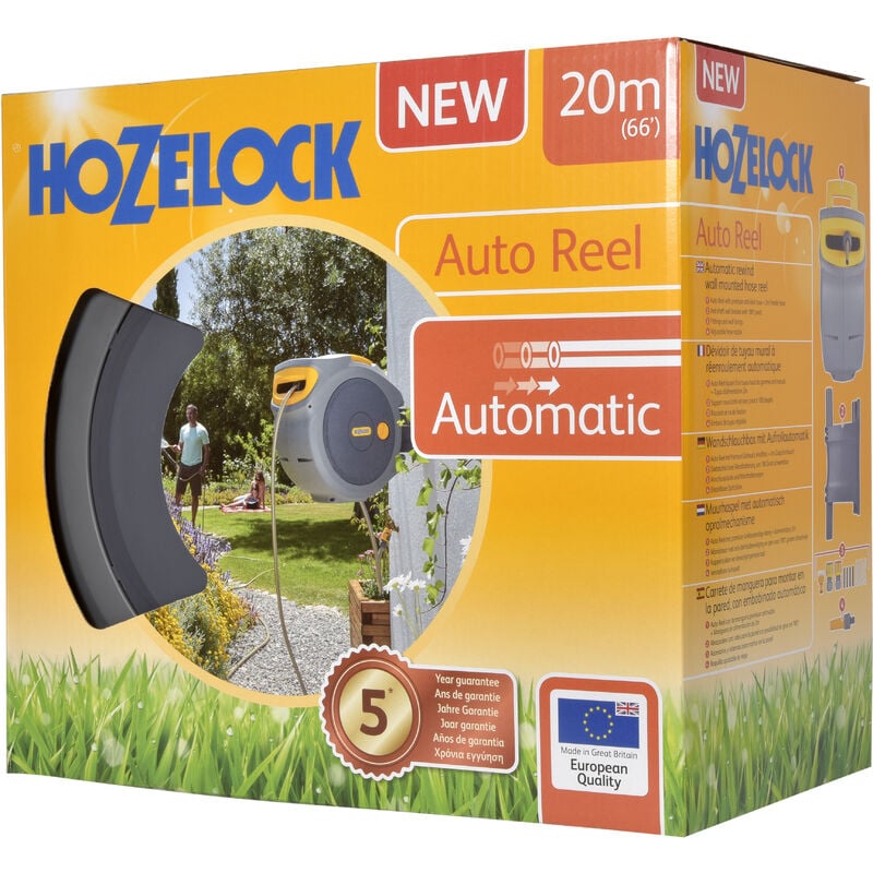 Auto Reel 20m wall-mounted hose reel: Easy to Install, Lock, Auto-rewind,  Ready-to-use Reel With Nozzle, Fittings, Hozelock Hose and Accessories  Included