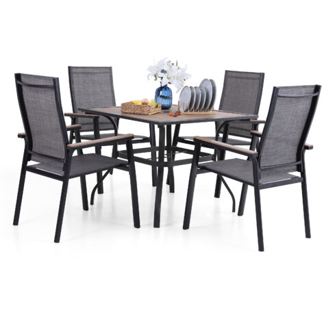 PHIVILLA Gartentisch mit 4 Stühle Set, Holzähnlich Garten Tisch mit 4cm Schirmloch und 4 Aluminium Textilene Gartenstühle, Terrasse, Balkon, Bistro, Camping (1/5)