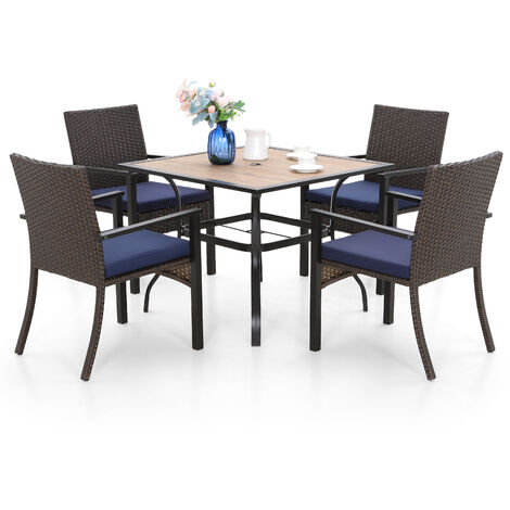 PHIVILLA Garden Table and Chairs, Outdoor Patio Dining Set with Square Metal Wood-Like Table, 4 Rattan Wicker Chairs, 5 Pcs Outdoor Patio Table and Chairs Set (1/5)