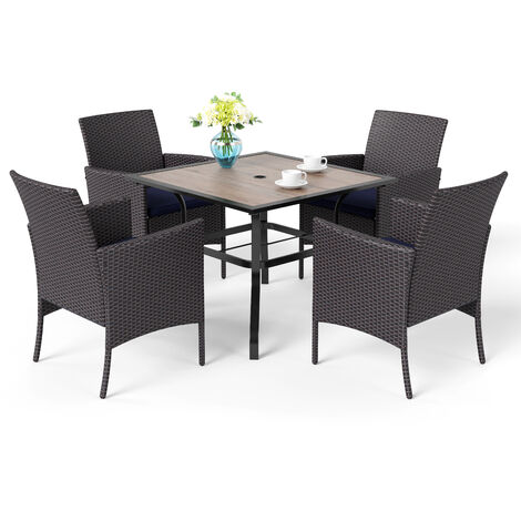 PHIVILLA 5 Piece Outdoor Patio Garden Furniture Set with 4 PE Rattan Chairs and Steel Frame Square Table with Umbrella Hole Garden Table and Chairs Patio Dining Set