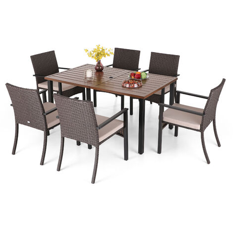 PHIVILLA Outdoor Dining Furniture Set 7 Piece, 6 Rattan Chairs and A Rectangular Table with Adjustable Umbrella Hole, Waterproof Cushion Included, Garden Table and Chairs Set 6, Weather Resistant