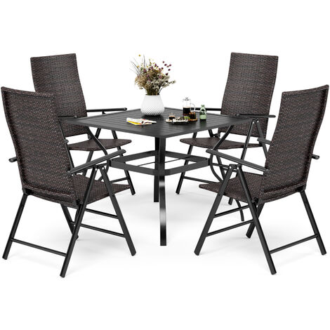 PHIVILLA Patio Table and Chairs Set, 4 Wicker Rattan Folding Rattan Chairs, 94 CM Square Metal Steel Slat Table with 4cm Umbrella Hole for Garden, Poolside, Backyard, Porch, Backyard (1/5)