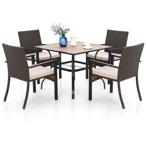 PHIVILLA Garden Dining Table and Chairs Set 5Pcs, 94 CM Square Wood-Like Table, 4 Outdoor Rattan Wicker Chairs With Beige Cushion, Garden Patio Balcony Furniture set