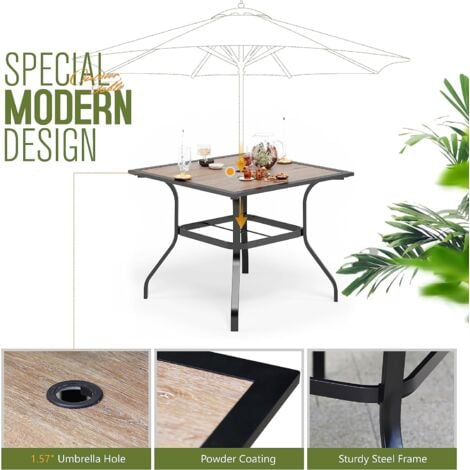PHIVILLA Garden Dining Table and Chairs Set 5Pcs, 94 CM Square Wood-Like Table, 4 Outdoor Rattan Wicker Chairs With Beige Cushion, Garden Patio Balcony Furniture set