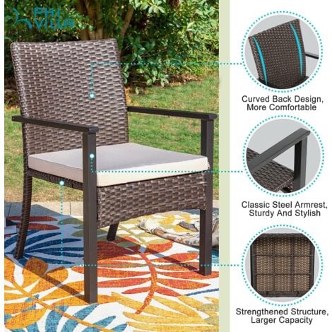 PHIVILLA Garden Dining Table and Chairs Set 5Pcs, 94 CM Square Wood-Like Table, 4 Outdoor Rattan Wicker Chairs With Beige Cushion, Garden Patio Balcony Furniture set
