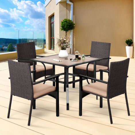 PHIVILLA Garden Dining Table and Chairs Set 5Pcs, 94 CM Square Wood-Like Table, 4 Outdoor Rattan Wicker Chairs With Beige Cushion, Garden Patio Balcony Furniture set