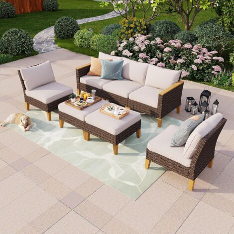 PHIVILLA Rattan Garden Furniture Set for 5-7 persons Patio Outdoor Garden Sofa Set Wicker Armchair Stool Ottoman with Weatherproof Seat Cushion Easy Assembly Weather Resistant
