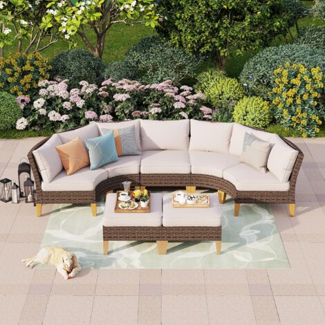 PHIVILLA Outdoor Garden Corner Sofa Furniture Set for 5-7 Persons Metal Frame Rattan Comfortable Patio Set Armchair Ottoman with Cushions Dark Brown Weather Resistant