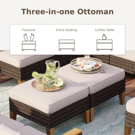 PHIVILLA Outdoor Garden Corner Sofa Furniture Set for 5-7 Persons Metal Frame Rattan Comfortable Patio Set Armchair Ottoman with Cushions Dark Brown Weather Resistant