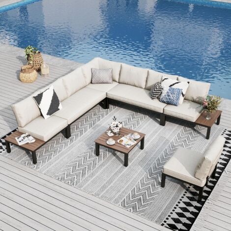 PHI VILLA Garden Furniture Metal Corner Sofa 8 Seaters L shaped Outdoor Conversation Sofa Couch Set Patio Furniture Sets with Thickened Cushions Beige
