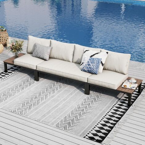PHI VILLA Garden Furniture Metal Corner Sofa 4 Seaters L shaped Outdoor Conversation Sofa Couch Set Patio Furniture Sets with Thickened Cushions Beige
