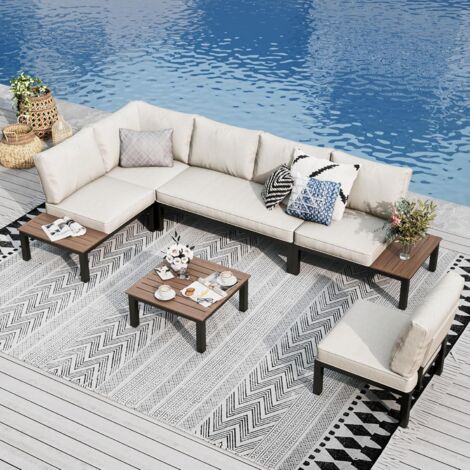 PHI VILLA Garden Furniture Metal Corner Sofa 6 Seaters U shaped Outdoor Conversation Sofa Couch Set Patio Furniture Sets with Thickened Cushions Beige