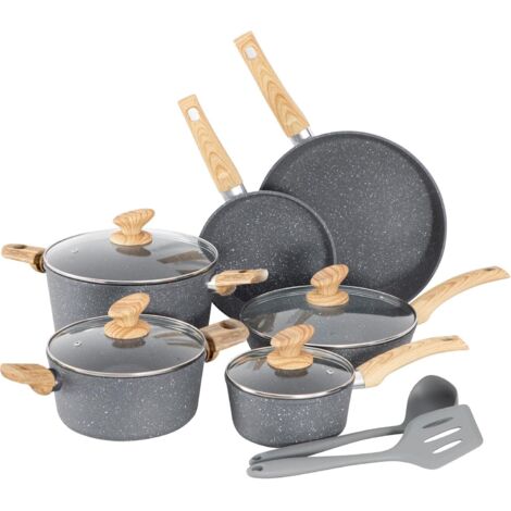 Kitchen Academy 12 Pieces Nonstick Pots and Pans Set, Induction Cooking Pan Set, Non Stick Saucepan Set, Frying Pan Set (Grey) (1/5)