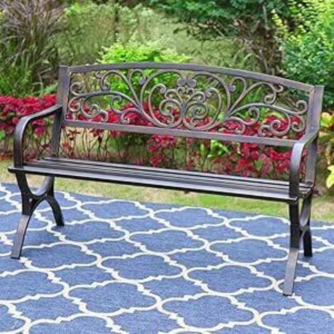PHI VILLA Metal Garden Bench Cast Iron Backrest Steel Frame 2-3 Seater Outdoor Bench Floral Design Backrest, Slatted Seat  for Park, Yard & Porch, Bronze