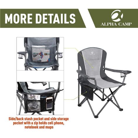 ALPHA CAMP Oversized Camping Folding Portable Chair Heavy Duty Steel Frame Support 160kg Arm Chair with Cup Holder Quad Lumbar Back Chair for Outdoor/IndoorGray-Black