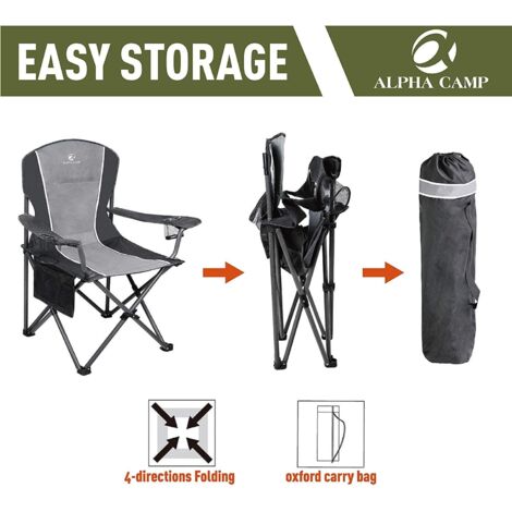 ALPHA CAMP Oversized Camping Folding Portable Chair Heavy Duty Steel Frame Support 160kg Arm Chair with Cup Holder Quad Lumbar Back Chair for Outdoor/IndoorGray-Black