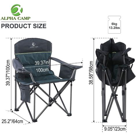ALPHA CAMP Portable Folding Oversized Camping Chairs with Cup Holder and Cooler Bag - Heavy Duty Steel Frame Support 200 KG