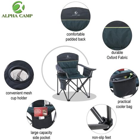 ALPHA CAMP Portable Folding Oversized Camping Chairs with Cup Holder and Cooler Bag - Heavy Duty Steel Frame Support 200 KG