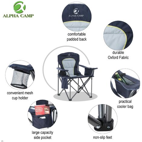 ALPHA CAMP Portable Folding Oversized Camping Chairs with Cup Holder and Cooler Bag - Heavy Duty Steel Frame Support 200 KG