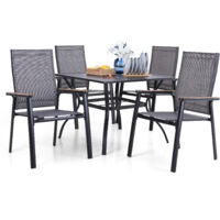 PHIVILLA Garten Möbel Set 4 Stühle mit Tisch, Quadratischer Metall Tisch mit 4cm Schirmloch und 4 Aluminium Textilene Stühle, Terrasse, Balkon, Bistro