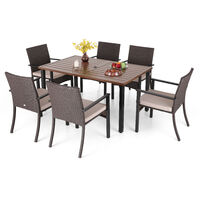 PHIVILLA Outdoor Dining Furniture Set 7 Piece, 6 Rattan Chairs and A Rectangular Table with Adjustable Umbrella Hole, Waterproof Cushion Included, Garden Table and Chairs Set 6, Weather Resistant