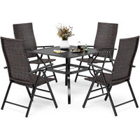 PHIVILLA Patio Table and Chairs Set, 4 Wicker Rattan Folding Rattan Chairs, 94 CM Square Metal Steel Slat Table with 4cm Umbrella Hole for Garden, Poolside, Backyard, Porch, Backyard