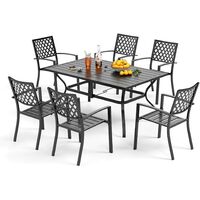 PHI VILLA 7 Piece Garden Outdoor Patio Dining Set, Rectangular Metal Table with Umbrella Hole and 6 Stackable Garden Chairs, Garden Table and Chairs Set