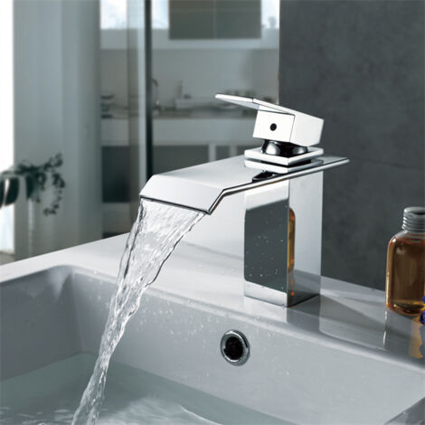 Robinet Salle de Bain Cascade Mitigeur Salle de Bain Chromé Robinet de Lavabo en Laiton Forme Carré