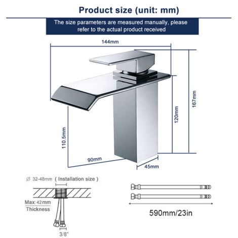Robinet Salle de Bain Cascade Mitigeur Salle de Bain Chromé Robinet de Lavabo en Laiton Forme Carré