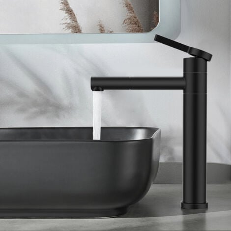 Robinet Salle de Bain Bec Haut Mitigeur Lavabo Pivotant 360° pour Vasque Robinet de Lavabo en Acier Inox Noir