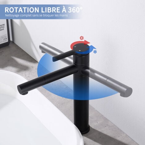 Robinet Salle de Bain Bec Haut Mitigeur Lavabo Pivotant 360° pour Vasque Robinet de Lavabo en Acier Inox Noir