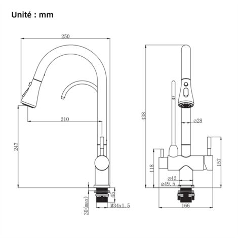 Robinet De Cuisine Mitigeur Avec Douchette étirable 360° Rotative - Noir/chrome, Fixation Murale