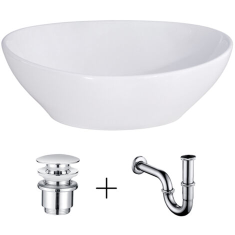 Vasque Salle de Bain Lavabo Vasque en Céramique Blanc Vasque à Poser Ovale avec Bonde Siphon Lave Main Haut de Gamme