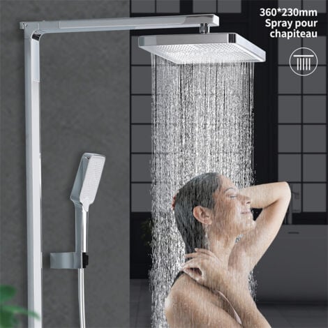 Colonne de Douche Thermostatique Système de douche Chromé avec Plateau de Rangement Blanc Ensemble de Douche avec mitigeur de Baignoire pour Salle de Bain 4 Fonctions
