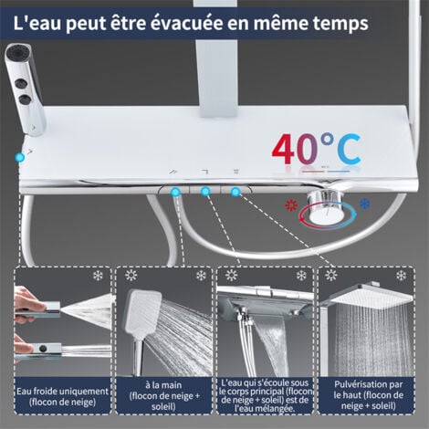 Colonne de Douche Thermostatique Système de douche Chromé avec Plateau de Rangement Blanc Ensemble de Douche avec mitigeur de Baignoire pour Salle de Bain 4 Fonctions
